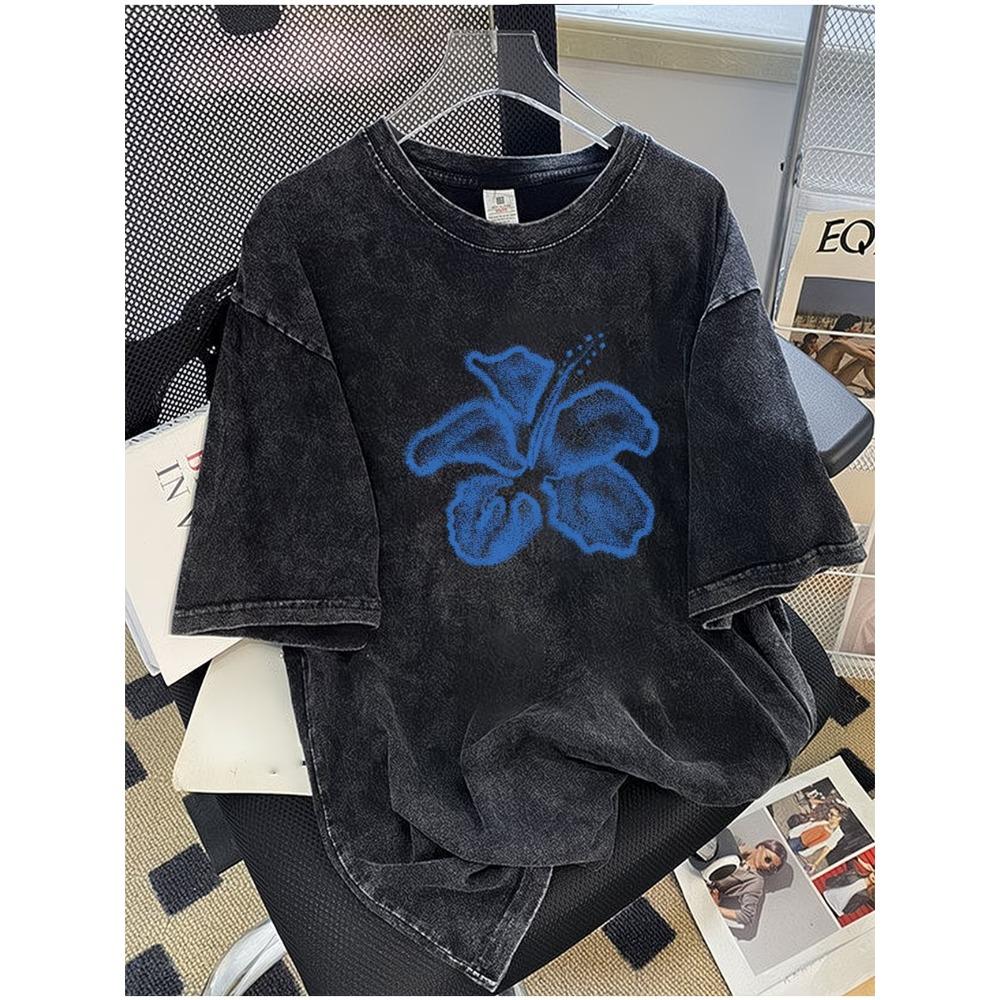 Y2K Hibiscus T-Shirt Washed Cotton Retro Grunge Style Tee Aesthetic Floral Top Edgy Streetwear Graphic Apparel for Women Men Daily Wear Cool Top