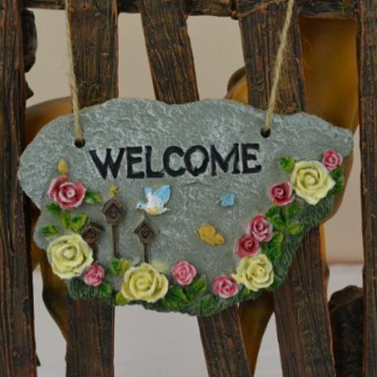Resin Garden Welcome Sign with Flowers Birds Decorative Outdoor Garden Stone Plaque with Hemp Rope for Rustic Yard Lawn Patio Home Decor