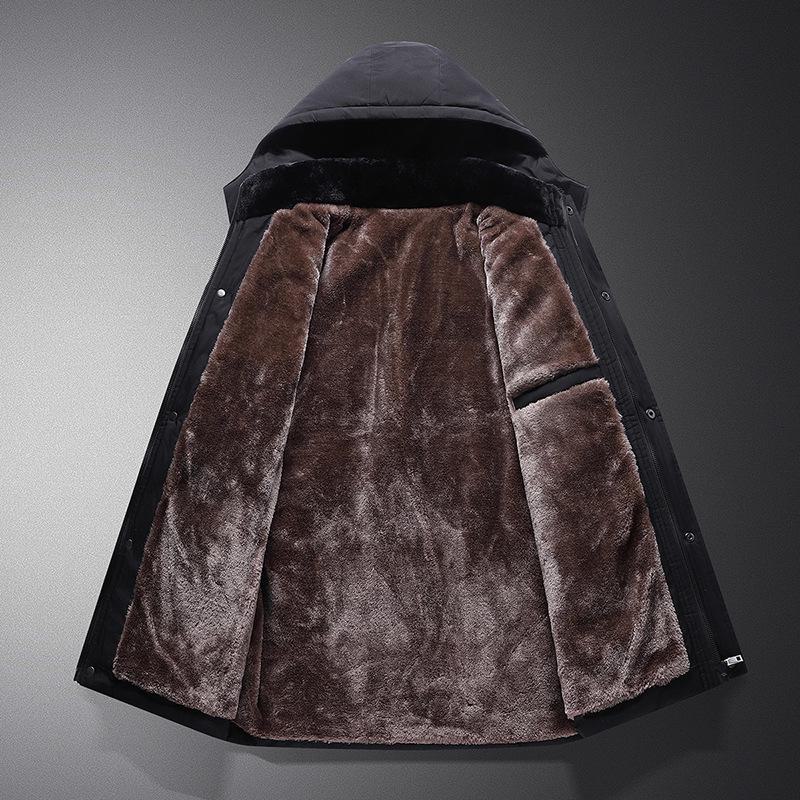 Męska kurtka zimowa średniej długości z kapturem i pluszową podszewką dla taty