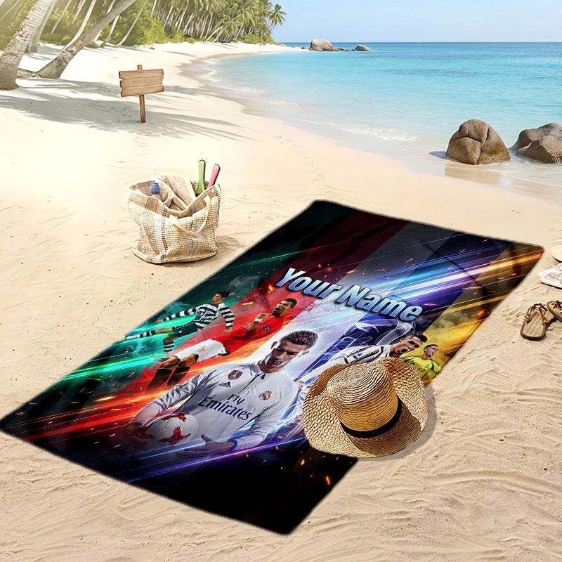 Asciugamano da Spiaggia Personalizzato Stampato Cristiano Ronaldo Logo Calcio Supporto Nome Personalizzato Testo Asciugamano Assorbente Per Sport Viaggio Regalo Speciale