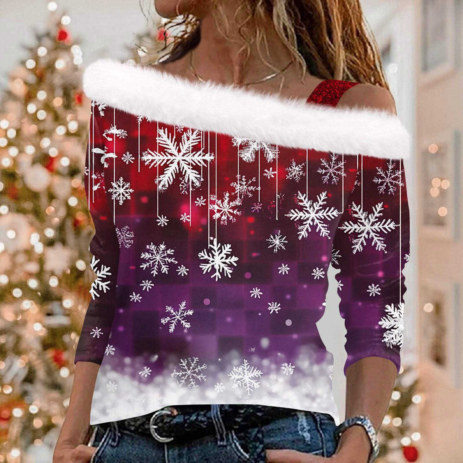 

Женский повседневный рождественский принт с длинными рукавами и без бретелек из плюша XXL винный