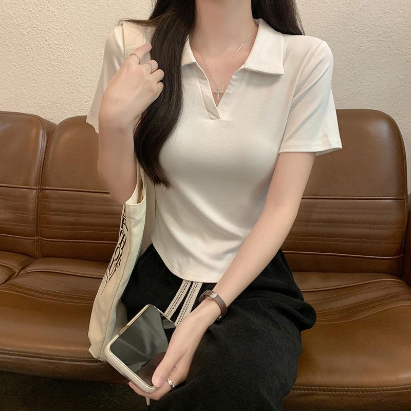Korean Design Temperament Front Shoulder Short-sleeved Polo Collar T-shirt Women's Summer Fashion Casual and Thin Short Top Ins