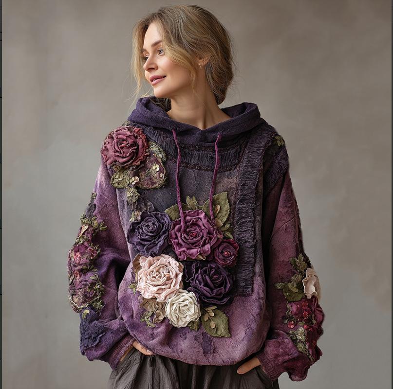 Women's Hooded Long Sleeve Sweatshirt Regular Fit Vintage Style 3D Digital Printed Thick Pullover Hoodie Bohemian Winter Casual Top