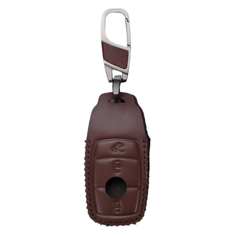 Car Coffee Leather 3 Button Key Fob Cover Case Holder Bag with Keychain Fit For Mercedes-Benz A E C S Class Vito W907 E300 E400