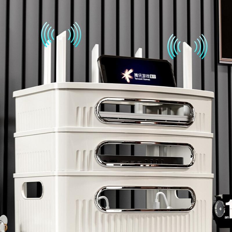 Multi-Function WiFi Router Storage Box Wireless Modem Multi-Port Signal Open Shelf TV Set-Top Box Holder with Power Cord