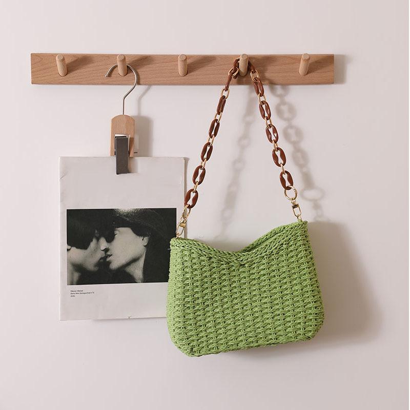 

Yogodlns летняя пляжная сумка на плечо с соломенной цепочкой для женщин, сумка-хобо из ротанга, повседневная тканая сумка-корзина, сумка для подмышек, женский кошелек-клатч 24x8x15cm зелёный