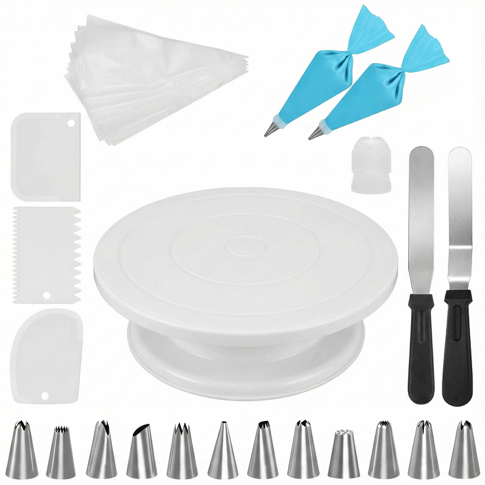 JCSZJSWK Cake Turntable 21-Piece Set [Includes 50 Disposable Piping Bags] 12 Types of Piping Tips (Mont Blanc Nozzle) Compatible with Cake Pans, Cake