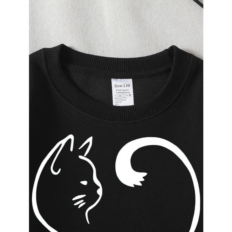Cat Paw Heart Silhouette Girls' Crew Neck Fashion Sweatshirt, Autumn and Winter Western Style Top, Children's Long Sleeved T-shirt
