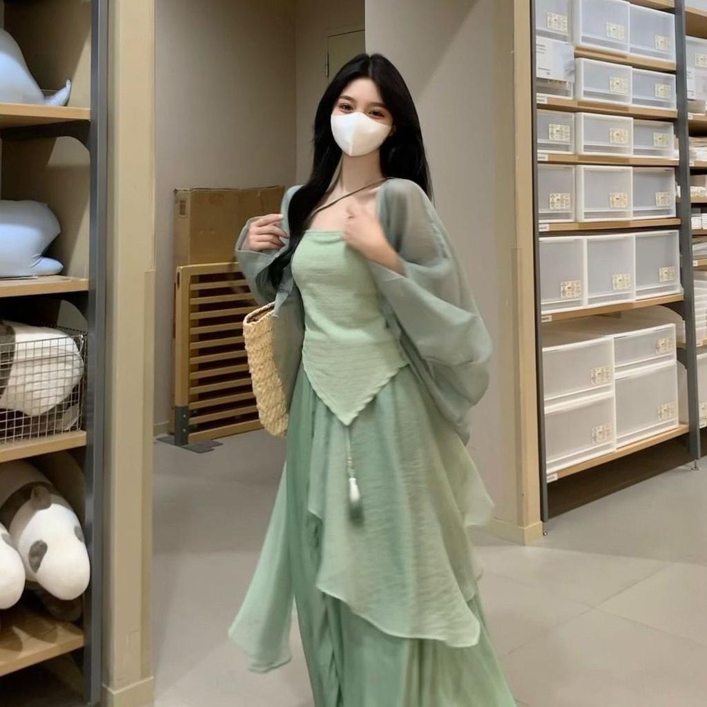 Summer Women's Three Piece Set Chinese Style Improvement Daily Green Half Skirt Solid Color Top Sunscreen Cardigan Long Coat Set