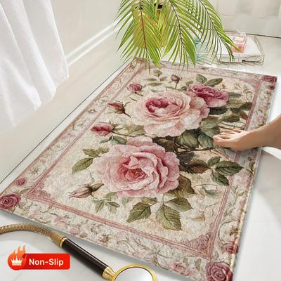 Rosa Blumendesign Badezimmer Fußmatte Geeignet für Schlafzimmer, Badezimmer, Toilette, Küche, Eingangsbereich und andere Heimdekorationen