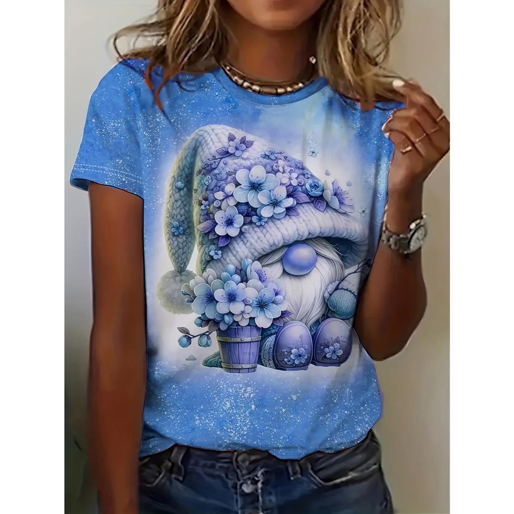 Bee Genie Gnomes Printed Women's T-shirt Comfortable Round Neck Short-sleeved Summer Style Casual Women's Clothing