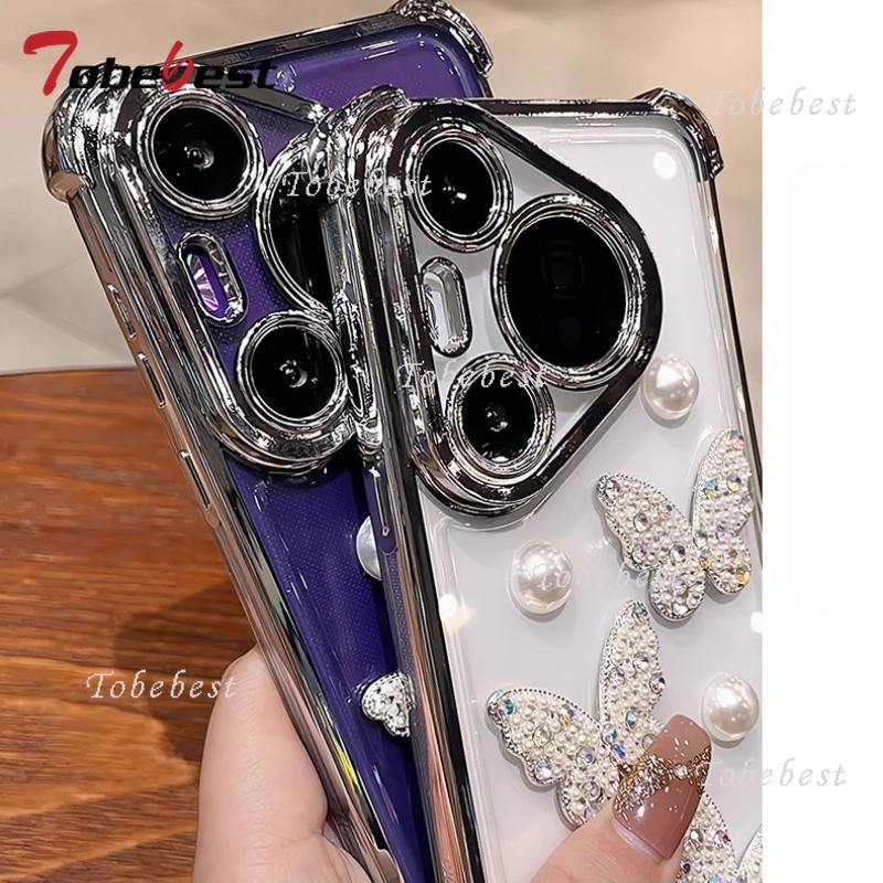 3D Pearl Butterfly Shockproof Plating Silicone Case for Huawei Pura 80 70 Ultra P60 P50 P40 P30 Lite Pro Transparent Back Cover
