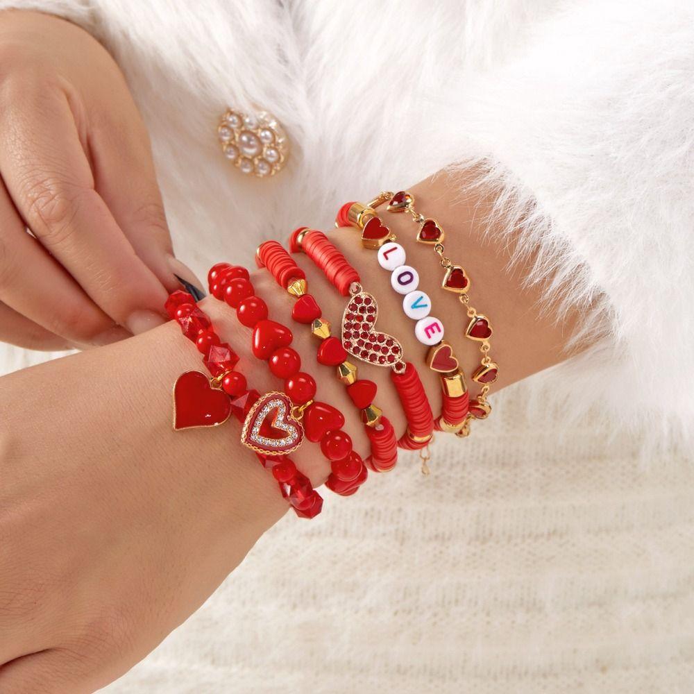 Letters Soft Clay Beaded Bracelet Red Beads Heart Pendant Hand Chain  New Year Gift