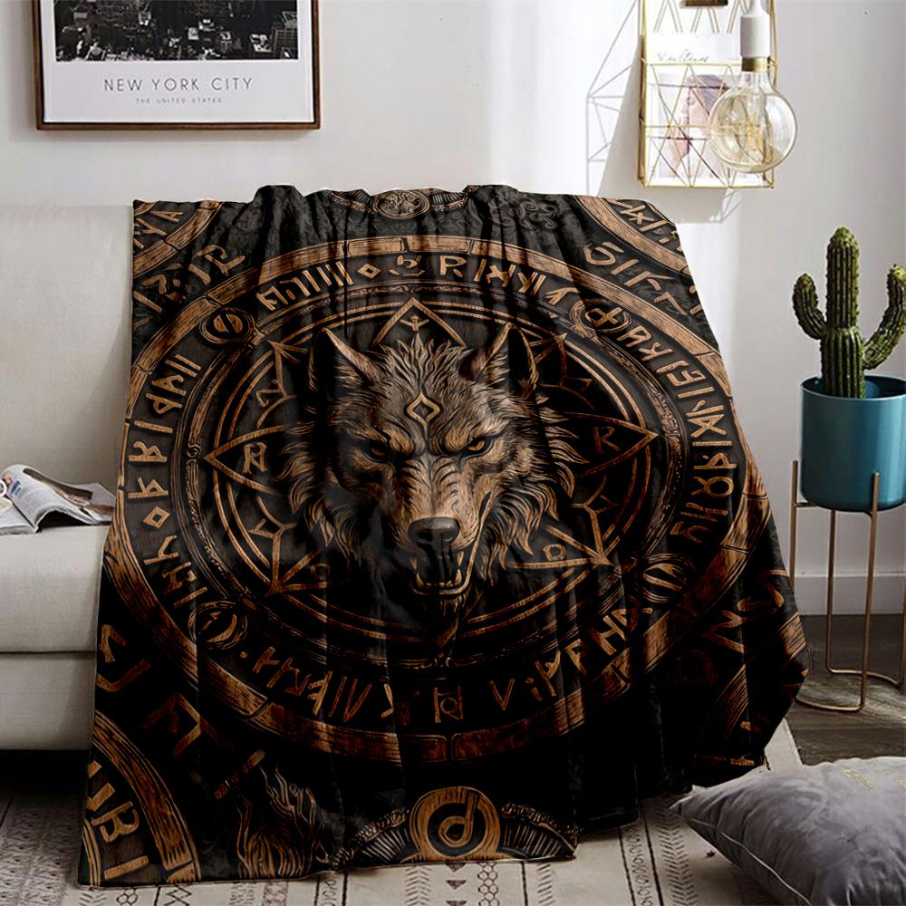 Wolf Design blanket with Rune Symbols and Mystic Pattern Style blanket, suitable for use in the bedroom, living room, on the sofa