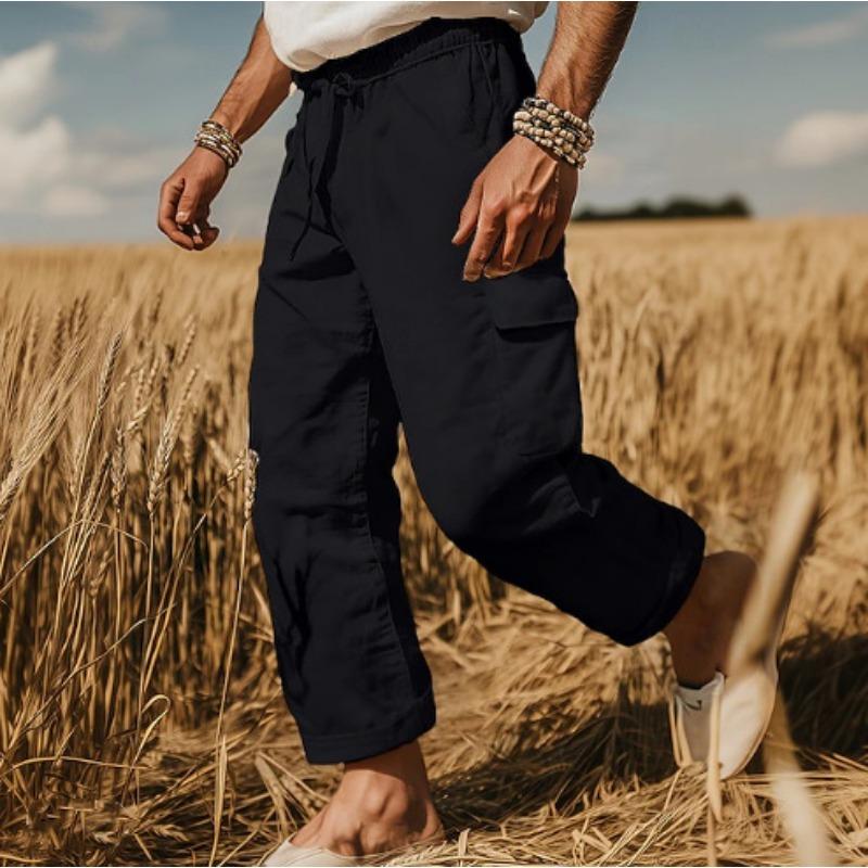 

Men Elastic Drawstring Waist Linen Cargo Pants Loose Fit Multi Pocket Casual Outdoor Long Trousers S чорний