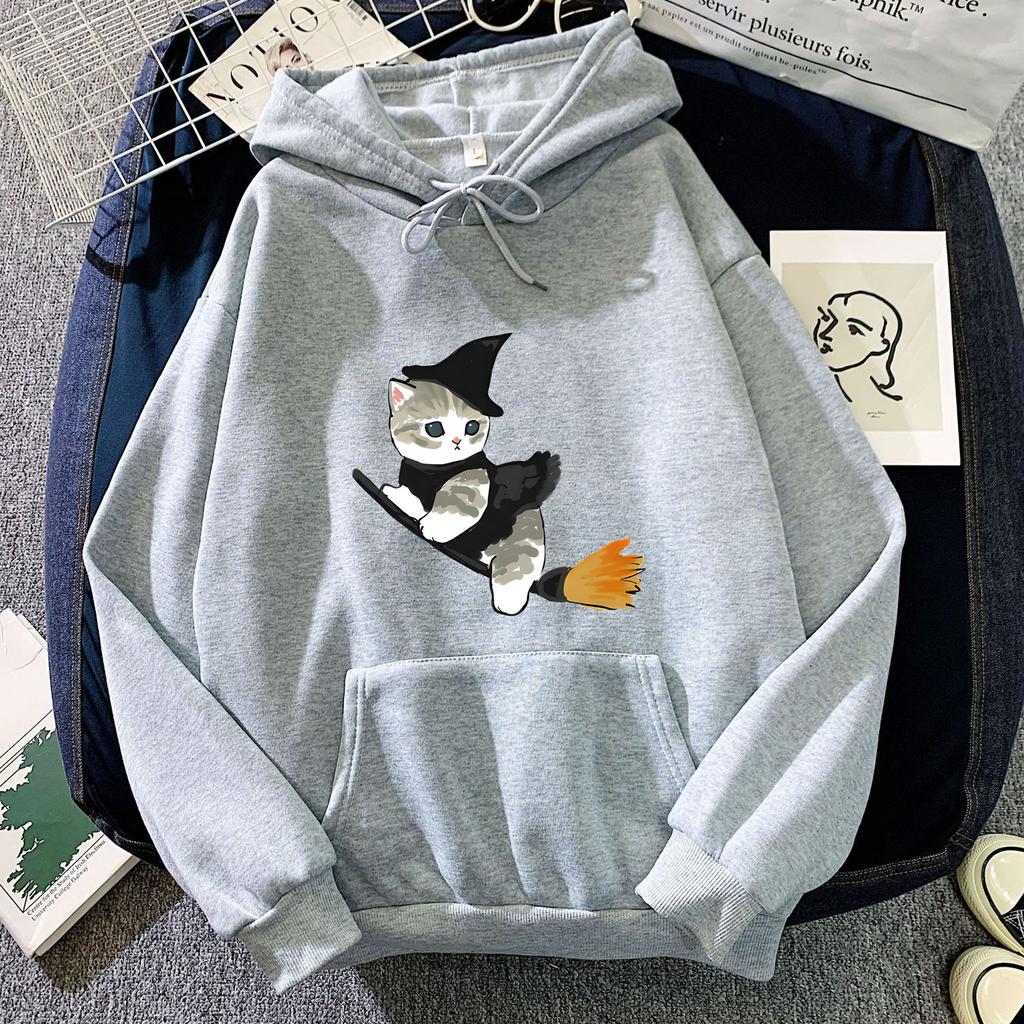 European and American Autumn and Winter Witch Cat Print Hoodie Sweatshirt for Men and Women, Korean Style Casual Tops for Couples