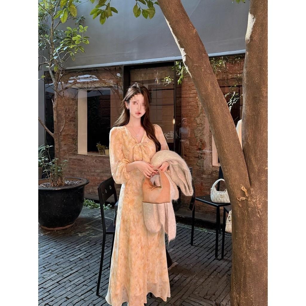 Vintage French Floral Long Sleeve Dress With Ruffle Hem For Spring Fashion