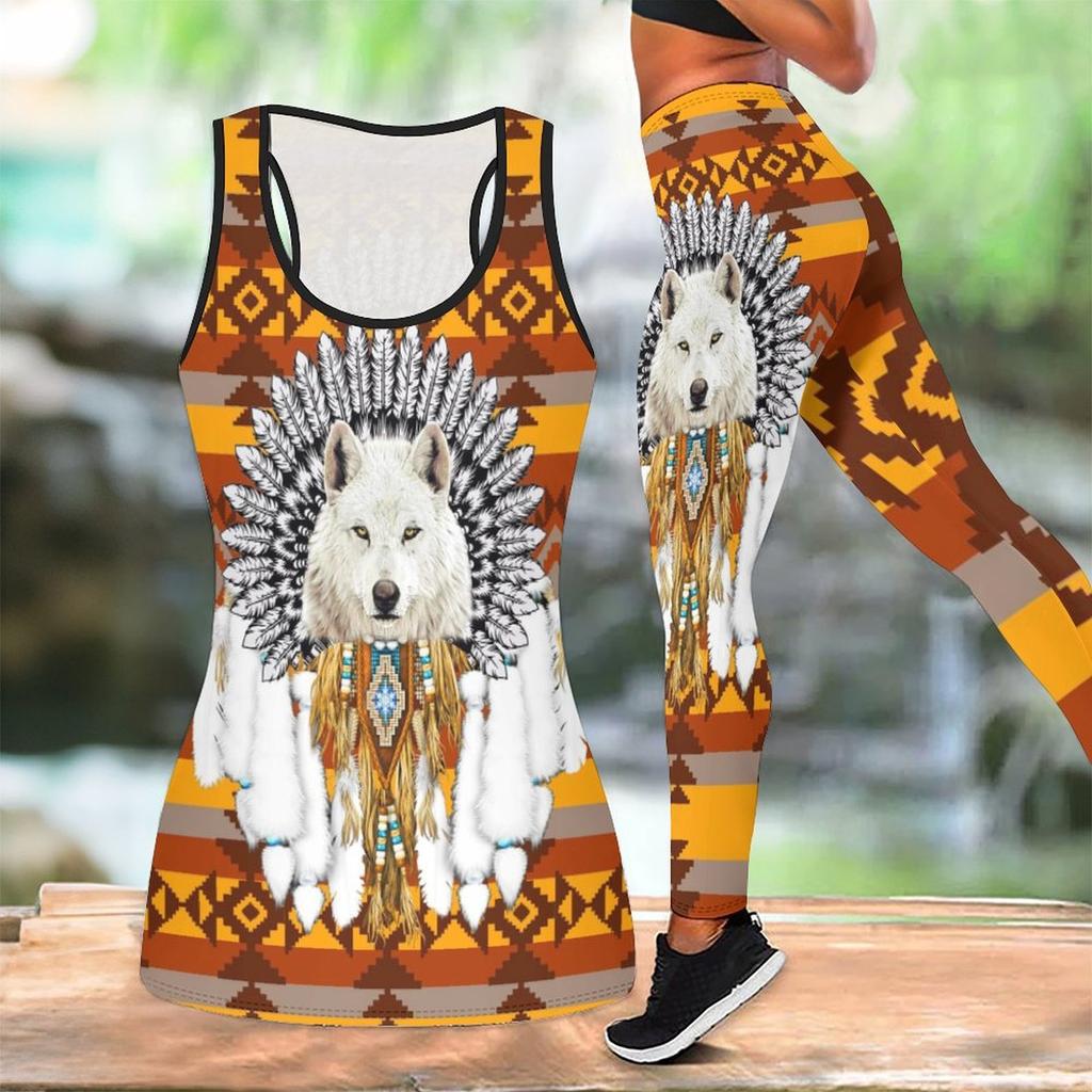 Strój do jogi z nadrukiem totemu wilka dla kobiet Modne legginsy treningowe Zestaw do fitnessu i sportu Codzienny zestaw do jogi Garnitur sportowy