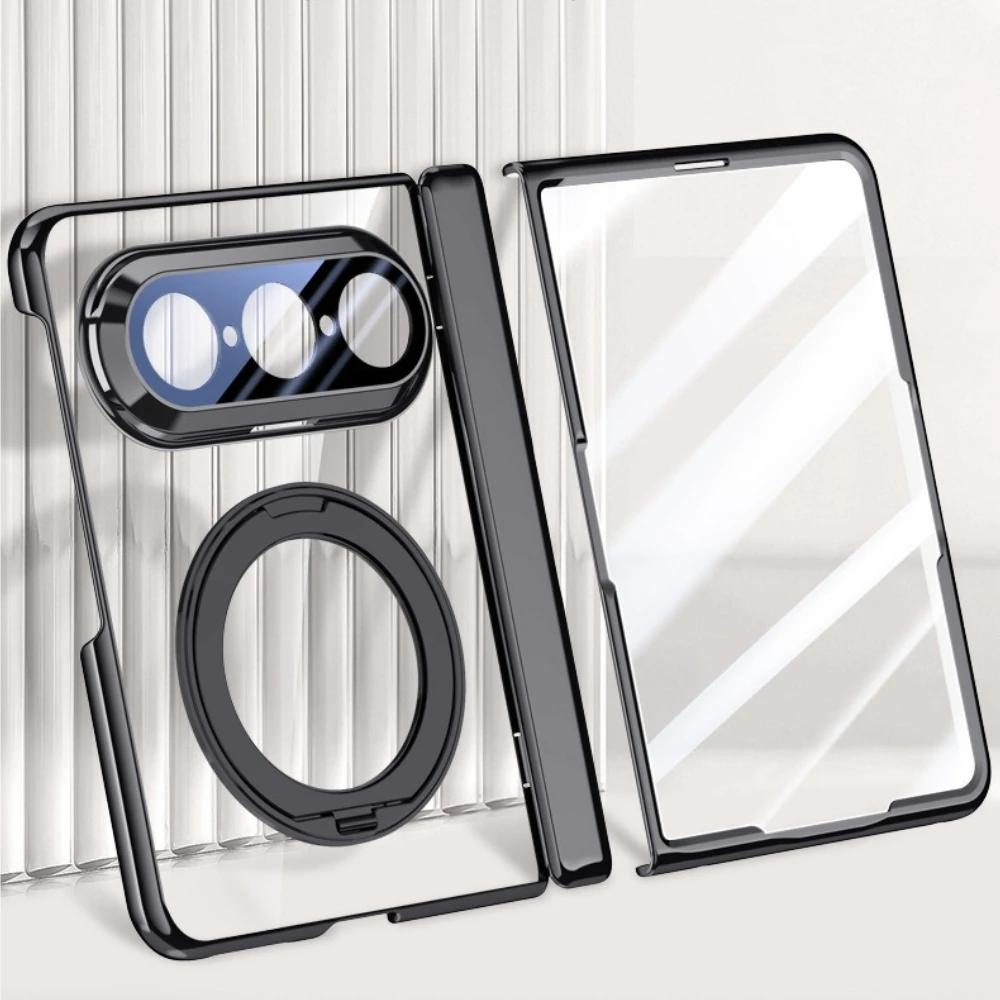 Glossy Transparent Hard PC Hinge Cover for Huawei Pura X Max Magnetic 360 Ring Holder Bracket Case 9H HD Glass Screen Protector