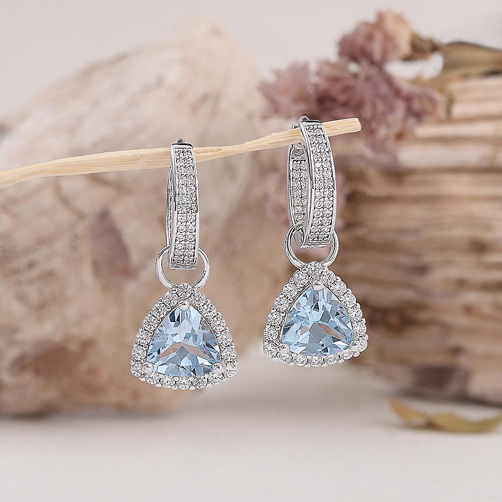 Classic two wear method design women's earrings Natural triangle 8.0mm sky blue topaz 925 sterling silver jewelry for party wear