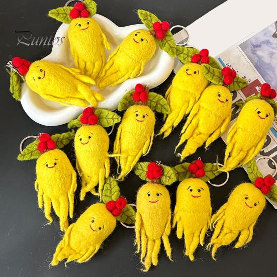 Wool Felt Keychain Ginseng Handmade Fruit Bag Charm with Health Blessing Leaves Soft Fluffy Pendant for Wallet Backpack Handbag Automobile Accessory
