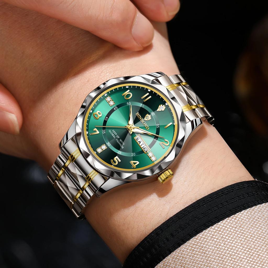 BINBOND Business Men Quartz Watch Rhombus Mirror Original Waterproof Luminous Stainless Steel Clock Male Date Week Wristwatch