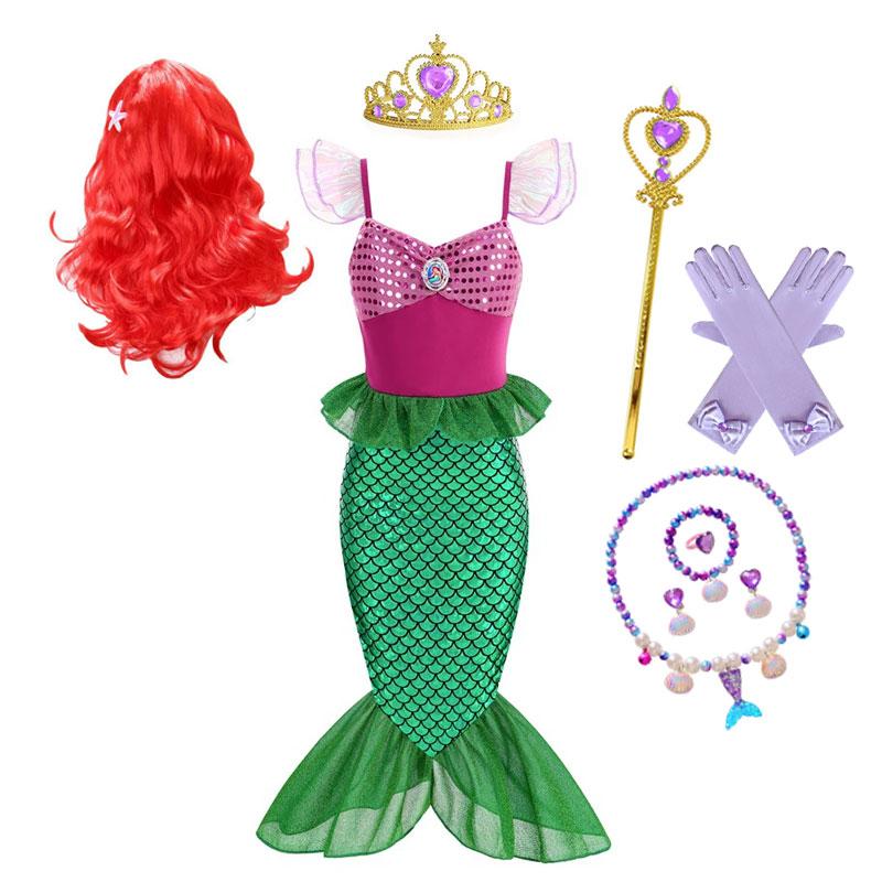 Mermaid Ariel Costume Girls Short Sleeve Fish Tail Shape Cosplay Princess Dress Halloween Carnival Birthday Party Dresses