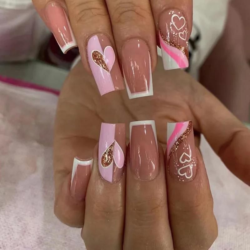 24Pcs Love Ballerina Press On Nails Set Full Cover Artificial Fake Nails Professional Adhesive Free False Nail Art