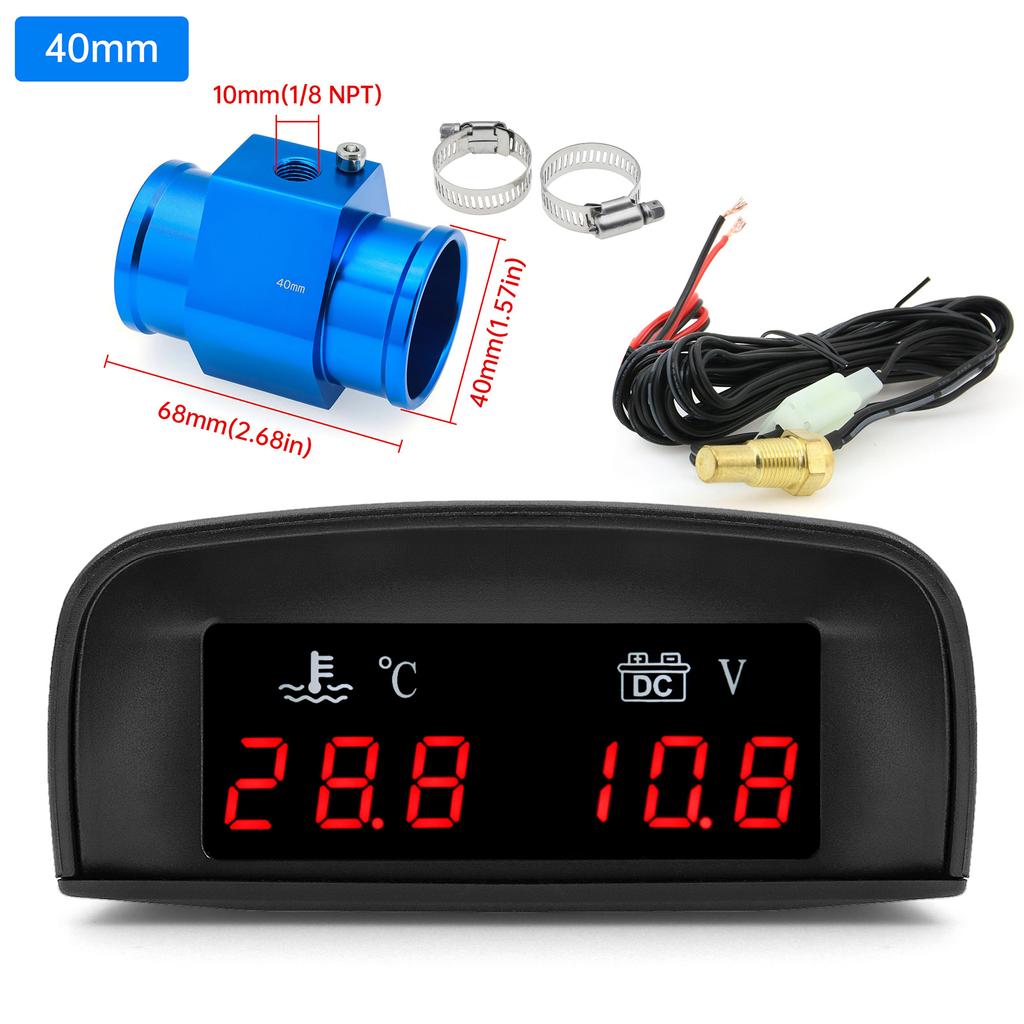 2 In 1 Car Water Temperature + Voltage Gauge LCD Display Digital Water Temp Gauge Voltmeter With 1/8 NPT Sensor Adapter 12V 24V