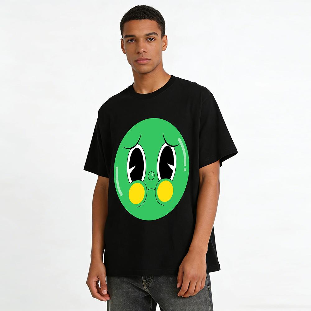 Cute Sad Green Face Print Casual T-Shirt Unisex Loose Fit Breathable Top For Daily Wear Pure cotton T-shirt