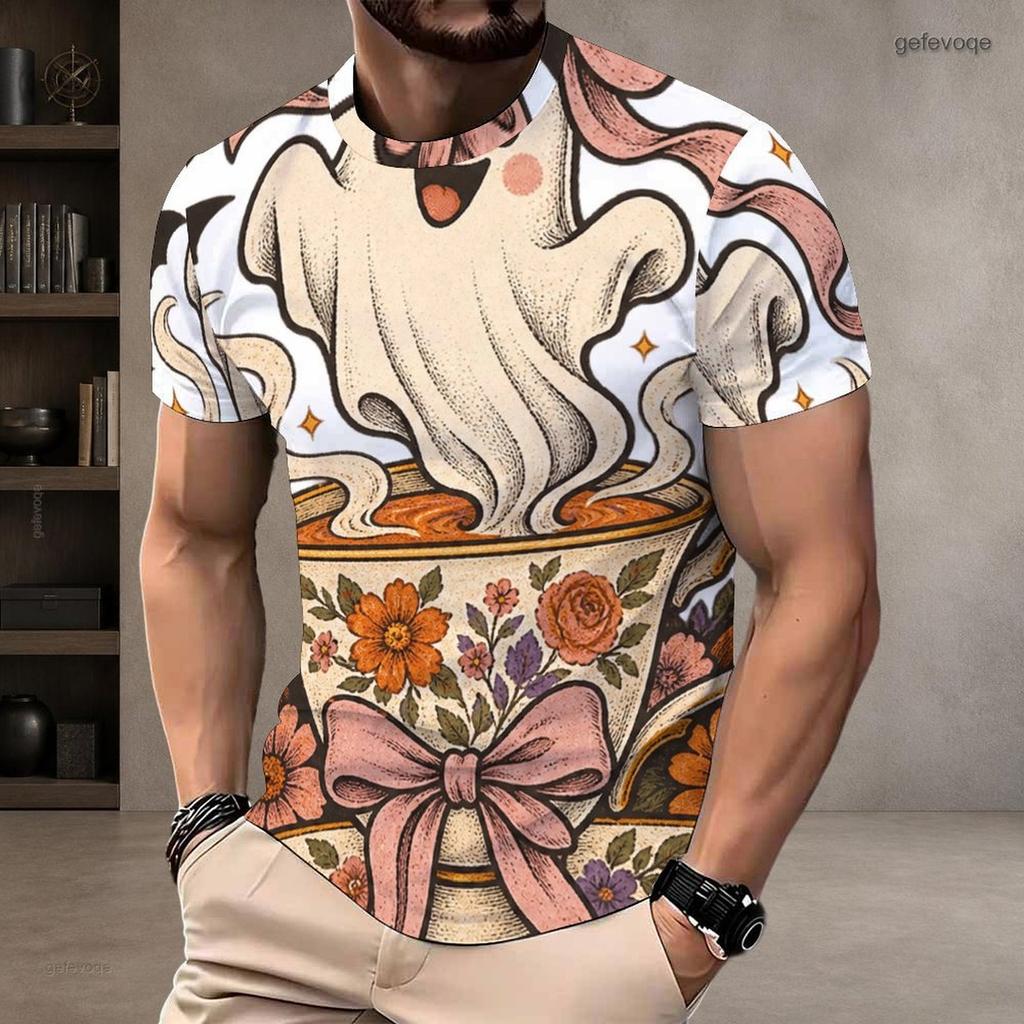 Men Plus Size Round Neck Short Sleeve T Shirt Cute Halloween Ghost Pumpkin Printed White Straight Hem Pullover