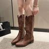 Fashion Women Boots Middle Heel Cowboy Chelsea Western Botas Pu Leather Retro Rivet Gothic Ladies Shoes Vintage Brown Knee High Boot