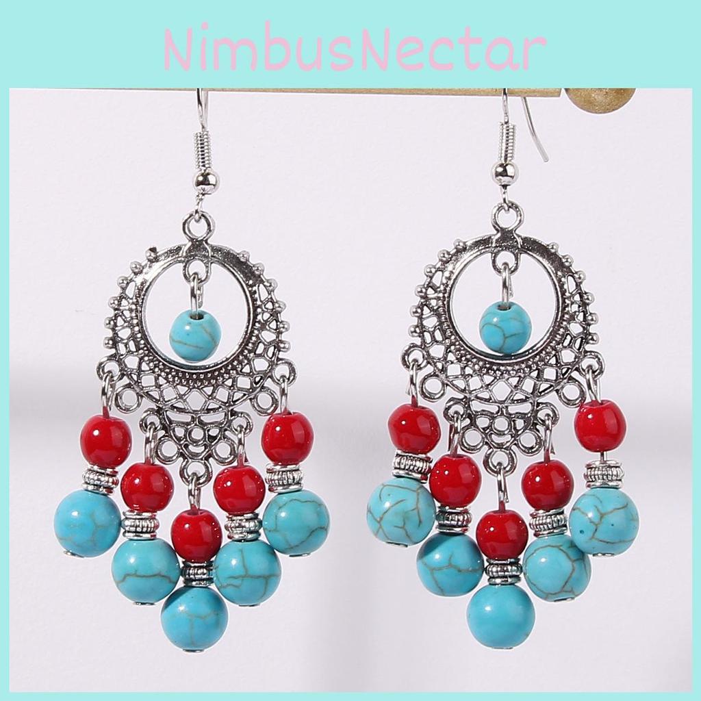 Ethnic Simulation Turquoise Beaded Earrings With Silver Filigree For Casual Wear