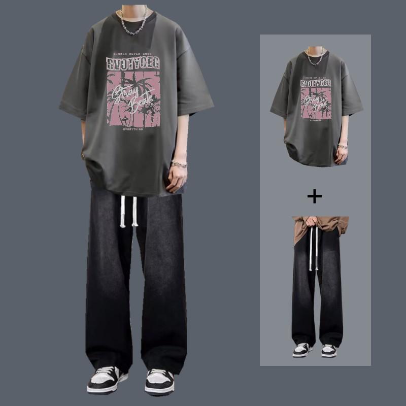 Men's Short-Sleeve T-Shirt and Jeans Set: Trendy Summer Casual Two-Piece Outfit