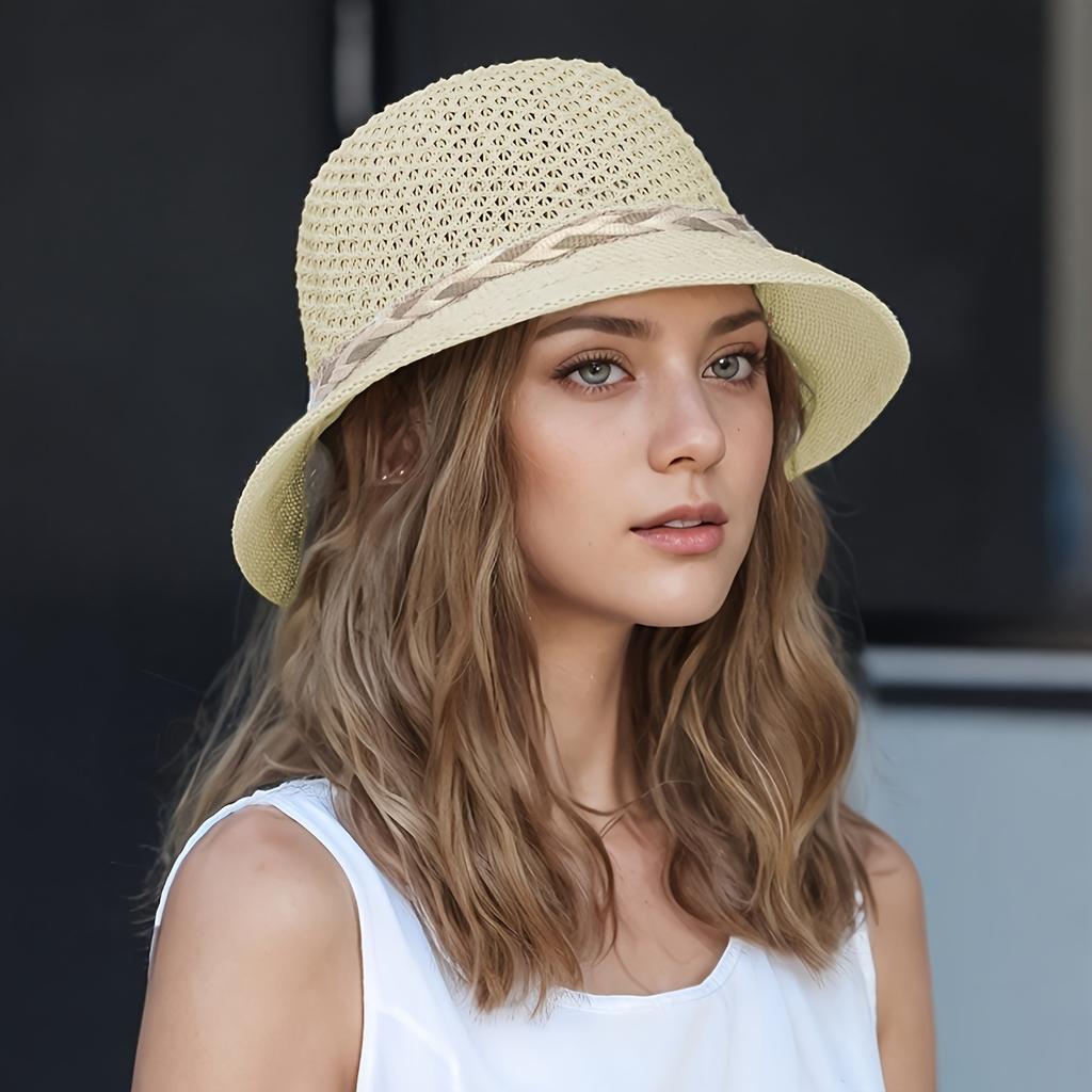 Elegant Women'S Floral Decorated Straw Hat - Breathable Hollow-Out Sun Cap, Summer Fashionable Outdoor Travel Vacation Fisherman Hat, Beach Hat