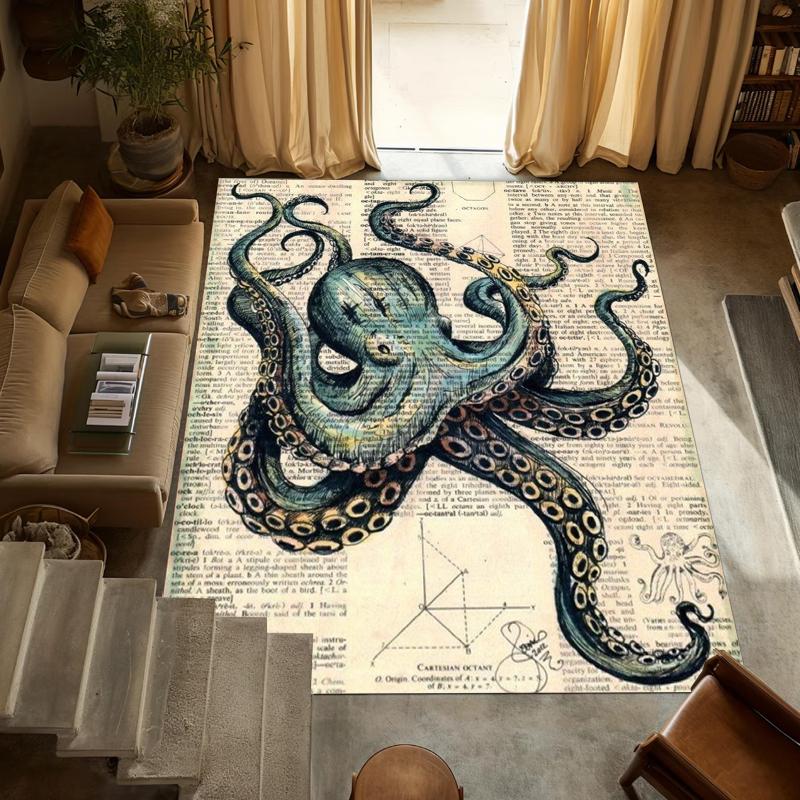 

Vintage Octopus Pattern Carpet Mat Rug Home Decoration Living Room Bedroom Retro Nautical Sea Life Design Non Slip Durable 40X60cm