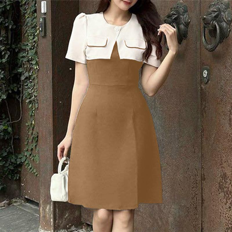 

ZANZEA Женское летнее повседневное платье с круглым вырезом и короткими рукавами в стиле пэчворк 4XL хаки