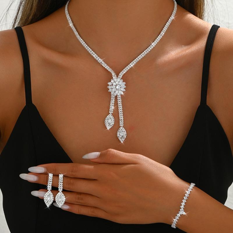 Fashion Creative Wedding Zircon Flower Jewelry Set - Bridal Reception Earrings and Necklace Set