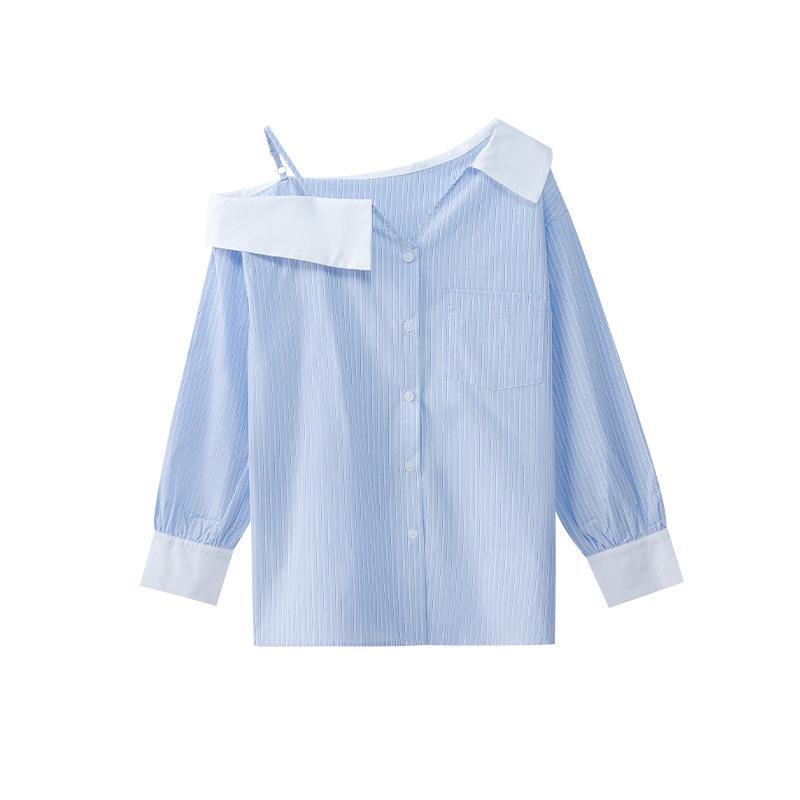 Thirteen Lines Spring 2025 French Style Off-Shoulder Striped Shirt for Women C3056