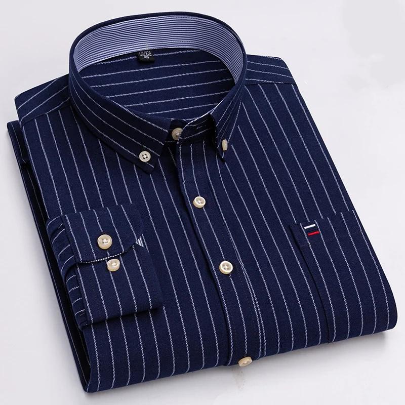 Men Social Shirts Long Sleeve 100% Pure Cotton Oxford Soft Buttoned Plaid Formal Male Clothes Oversized Shirt Plus Size 6XL 7XL