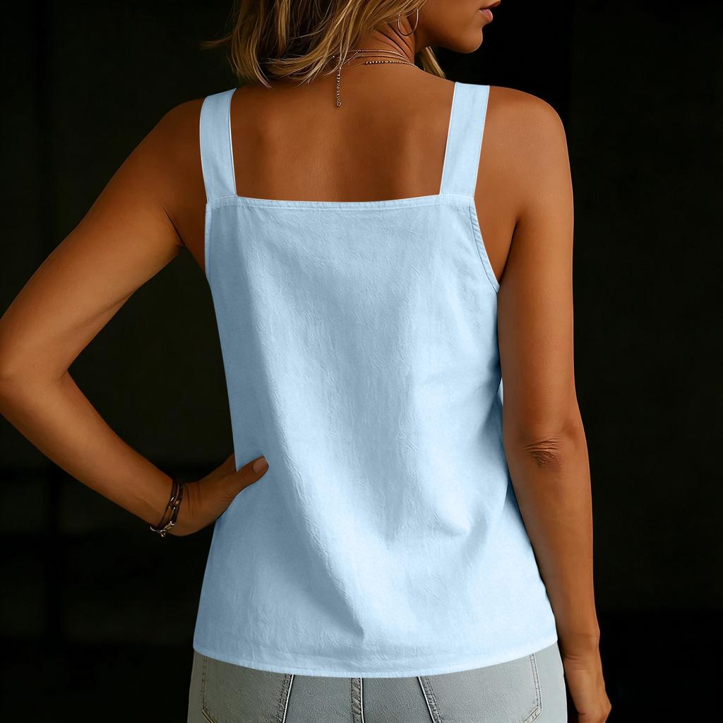 Women's Summer Fashion Color Square Neck Loose Sleeveless Button Vest Shirt Pullover Top