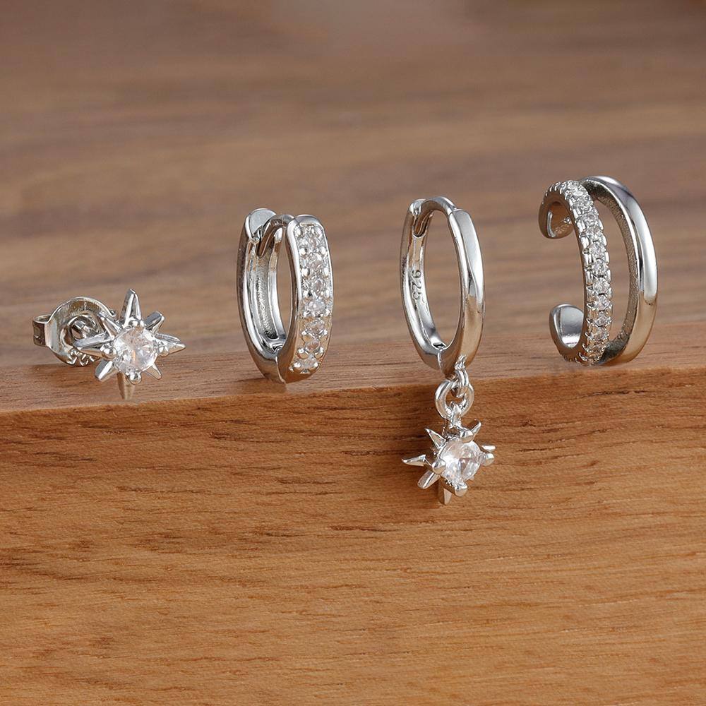 4pcs Fashion Stainless Steel Cubic Zirconia Star Dangle Earring Set For Women Cartilage Piercing Earring Ear Clip Korean Jewelry