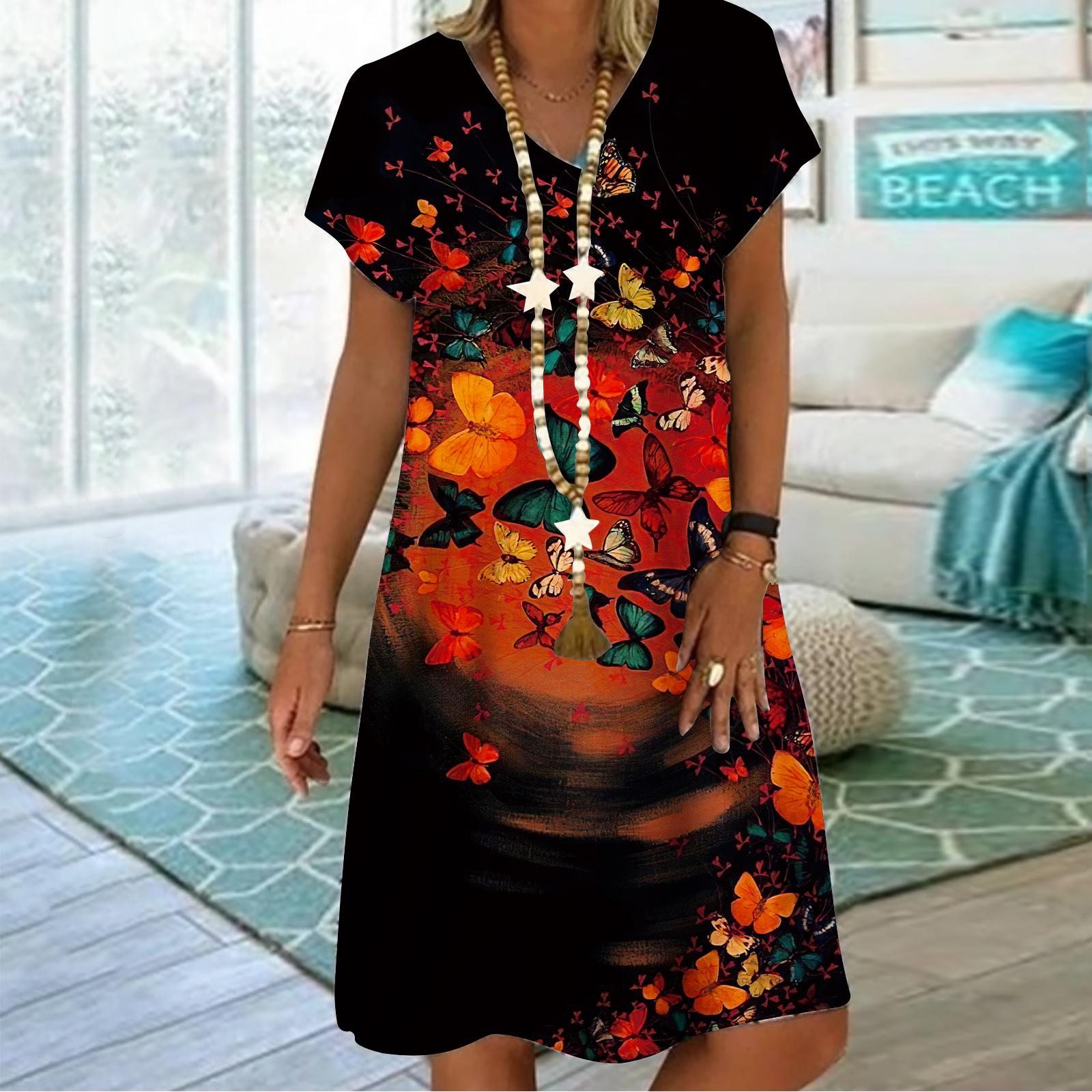 

Летнее модное платье с v-образным вырезом, женское платье с коротким рукавом, оранжевое платье с принтом морских бабочек, свободное повседневное платье для женщин 3XL оранжевый