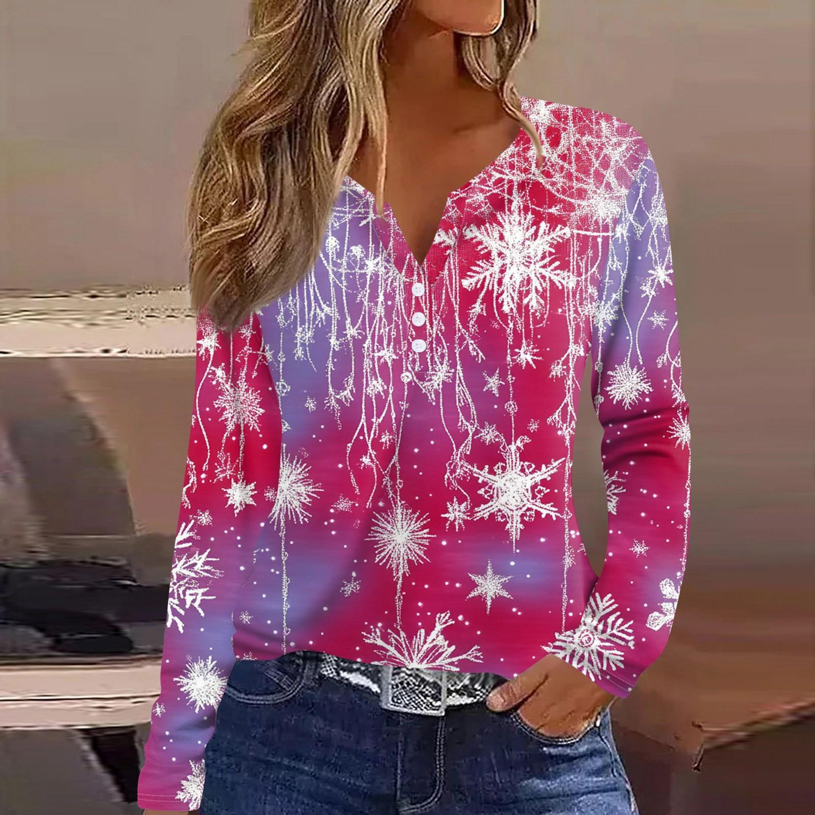

Женская футболка с рождественским принтом на пуговицах с длинным рукавом, повседневная, выходного дня, модная, базовая, с V-образным вырезом, обычная S