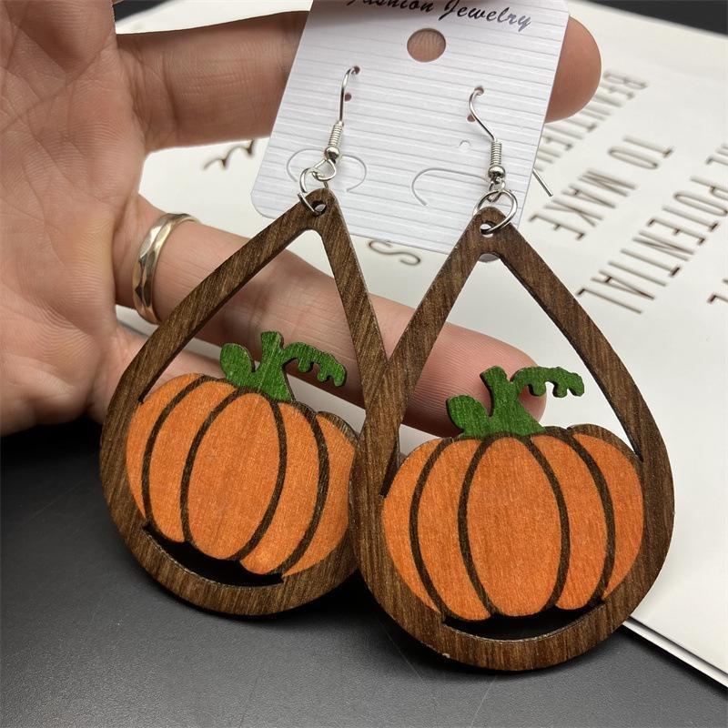 1 Pair of Halloween Wooden Earrings, Retro Double-sided Wooden Pendant Earrings, Cartoon Printed Long Pendant Earrings