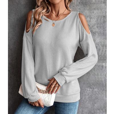 2023 Mode O-hals Trui Herfst/Winter Off Schouder Knop Lange Mouw T-shirt Casual Effen Kleur Losse Tops Vrouwen 28754