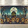 Scary Halloween Cemetery Scene Banner - Skulls Pumpkin Lamps and Tombstone Wall Decorationszyc
