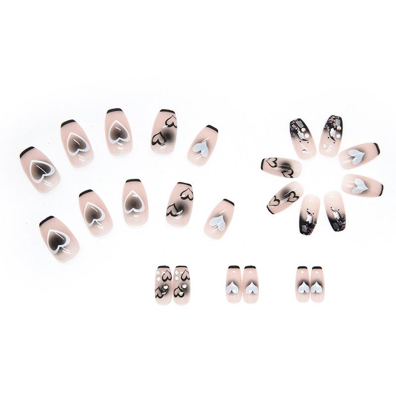 Mysterious Short Ballet Wearing Nail Diamond Black Love Smudging Fake Nail Manicure Patch Finished Nail Piece