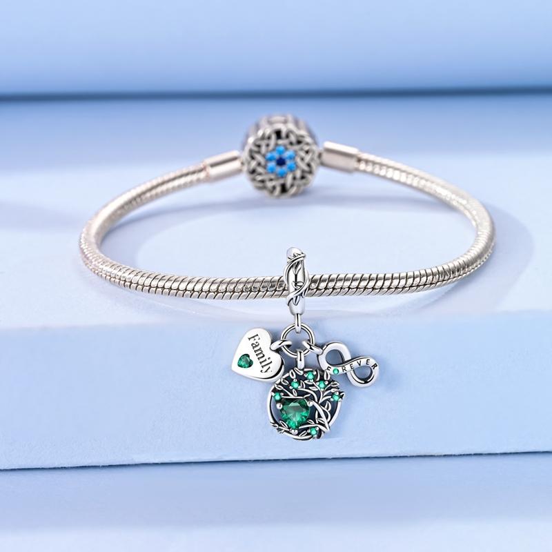 Original 925 Silver Charm Bead Green Zircon Family Tree Pendant for Bracelet Necklace DIY Jewelry Gift