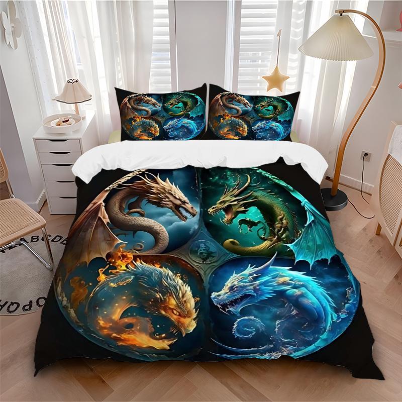 3pcs Composition of Fire Water Earth and Air Dragons Printed Quilt Set - Soft and Comfortable Quilt Cover for Bedroom, Guest Room and Dormitory